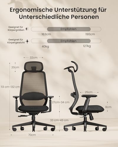 ProtoArc EC200 Bürostuhl Ergonomisch, Schreibtischstuhl mit Höhen- und Tiefenverstellbarer Lendenwirbelstütze, Sitztiefe, Höhenverstellbar, 3D-Kopfstütze, Computerstuhl für Home Office Chair, Schwarz