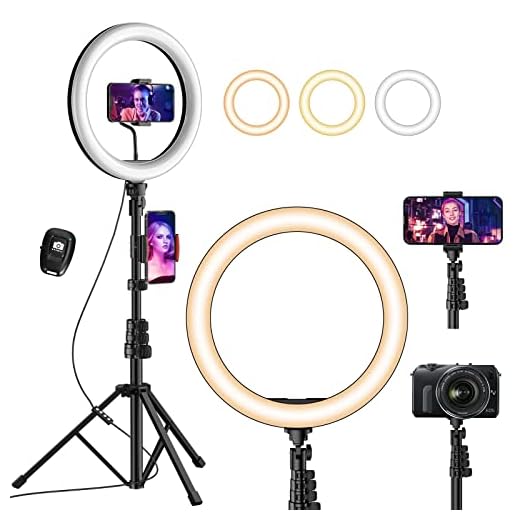 UPhitnis 12" Ring Light, Luce per Selfie, 63" Staffa Triangolare, Luce ad Anello LED da 3 modalità di Illuminazione con 10 luminosità, per Trucco, Fotografia, Youtube e Video Selfie