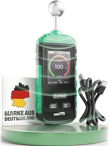 Smabix Feuchtigkeitsmessgerät Wand I USB-C Akku präzise Messung I geeignet für Holz Beton Granit Gips Profi Gerät - inkl. Taschenlampe Feuchtemessgerät Holzfeuchtemessgerät Humidity Meter