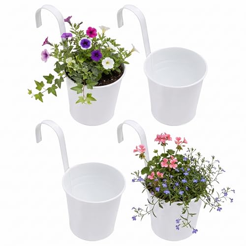 Cabilock Lot de 4 Pots de Fleurs Suspendus Style Shabby - en métal - avec Crochet - pour extérieur, Balcon, Jardin - Blanc