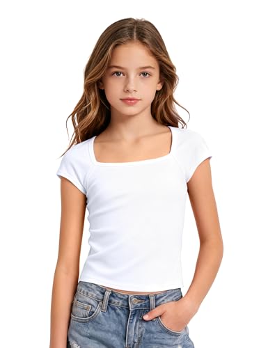 Image of Crop Tops for Girls Short Sleeve Shirt Girls Summer Tops Square Neck Slim Fit Tops Basic Tee