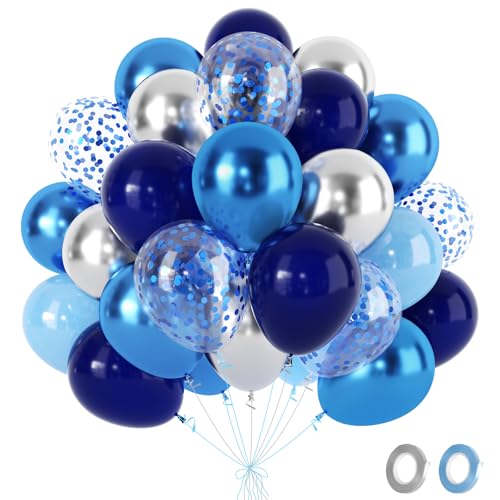 Ballons Anniversaire Bleu Argent- 60 Pièces Bleu Marine Argent Ballon Avec Métallisés Confettis Ballons, Ballon Helium Pour Baby Shower Mariage Anniversaire...