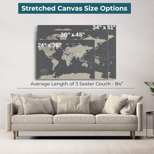 Image of Earth Tone World Map with Pins - Extra Large Personalized Canvas Push Pin Map - Framed World Travel Wall Decor - Gallery Wrap - 34 inch x 51 inch