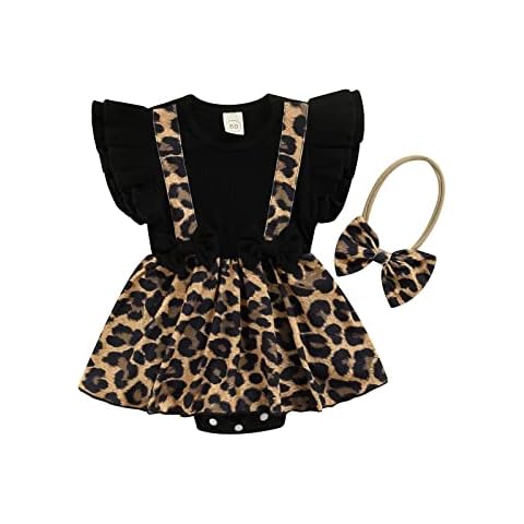 Douhoow Newborn Baby Girls Ribbed Knit Short Sleeve Shirt Top Floral Ruffle Suspender Shorts with Headband, Leopard, 0-3 Months Cover