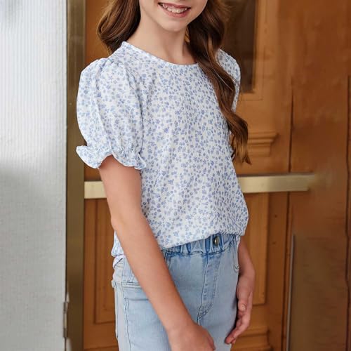 Tween Girls Boho Floral Puff Sleeve Shirt 6 to 15 Years Preppy Teens Loose Crewneck Shirts 2025 Trendy Clothes4