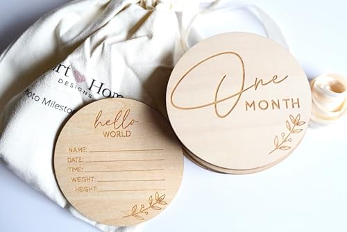 Image of Monthly Baby Milestone Signs with Hello World Newborn Announcement Sign - Milestone Wooden Circles - Photo Props for Newborn to One Year - Baby Boy or Girl Keepsake Gift for New Parents