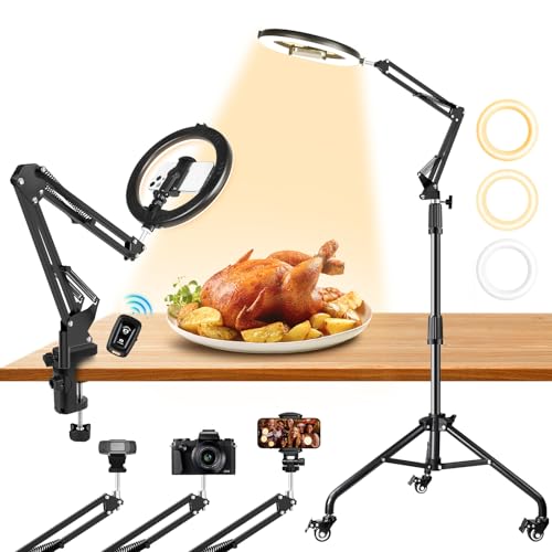 Ring Light Overhead Phone Mount with Casters, Dual-Purpose Floor/Desk Light Tripod for iPhone, Selfie Phone Tripod for Video Recording/Live Streaming/Cooking