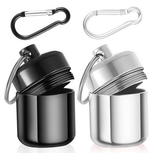 YUXIANLB 2 Pack Ear Plug Carrying Case Keychain, Waterproof Metal Earplug Case with Carabiner for Ear Plugs, Small Travel Pill Organizer Loops Earplugs Cases Keychain Container Holder (Silver, Black)