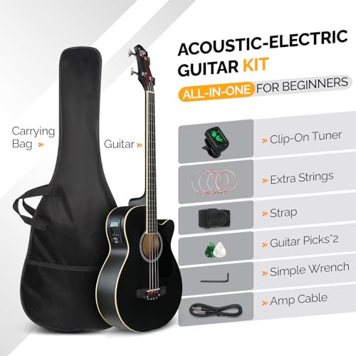 Glarry AEBG-BLACK-65 Full Size Acoustic Electric Bass Guitar Beginner Kit, Cutaway 4 Strings Electric Acoustic Bass Guitar W/Inbuilt Tuner, Bag, Strap, Picks, Strings, Basswood Bass Guitarra thumb #1