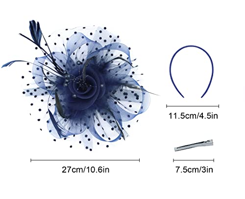Myjoyday Women's Fascinators, Feathers Tea Party Hat, Veil Headband With Hair Clip For Cocktail Church (Dark Blue) #TOP4