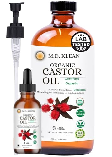 Generic M.D. KLEAN ORGANIC CASTOR OIL (500ml w/ 60ml Dropper) 100% Cold Pressed Unrefined Glass Bottles | Hexane Free | USDA Certified | Moisturizer and Conditionor For Skin,Hair & Lashes.