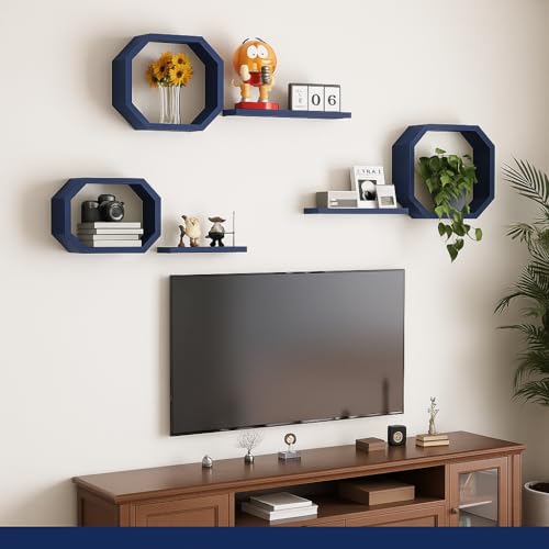 Image of Wall Mounted Floating Shelves Set of 6, Multipurpose Display, Book, Storage & Decor Shelves, Octagon Shape Wooden Wall Shelf for Living Room, Bedroom, Kitchen (Navy)