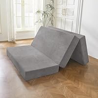 BYBYME Tri-Folding Corduroy Mattress, 6 Inches Gel Folding Mattress Topper, Foldable Soft Guest Bed Camping Pad, Washable Cover (Grey, Twin)