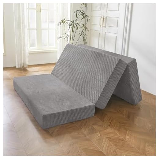 BYBYME Tri-Folding Corduroy Mattress, 6 Inches Gel Folding Mattress Topper, Foldable Soft Guest Bed Camping Pad, Washable Cover (Grey, Twin)