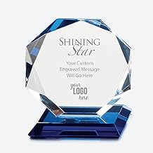 Baudville Custom Engraved Luminary Crystal Trophy Award - Blue Highlights - with Elegant Black Gift Box