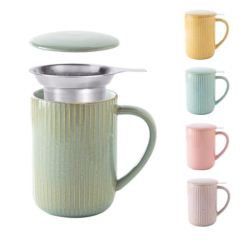 Yundu Tazas de té de cerámica verde flambe de 470 ml con infusor y tapa, taza de té de hojas sueltas