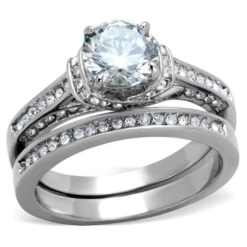 1 Carat CZ Womens Stainless Steel Wedding Bridal Anniversary Promise Ring Set
