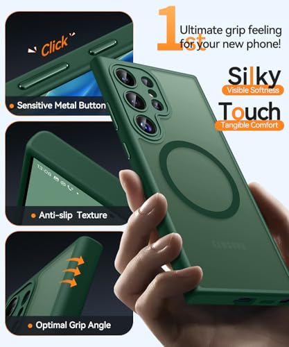 Image of CANSHN Designed for Samsung Galaxy S22 Ultra Case [Full Camera Protection] [Compatible with MagSafe] Translucent Matte Shockproof Protective Phone Cover 6.8 Inch - Deep Green