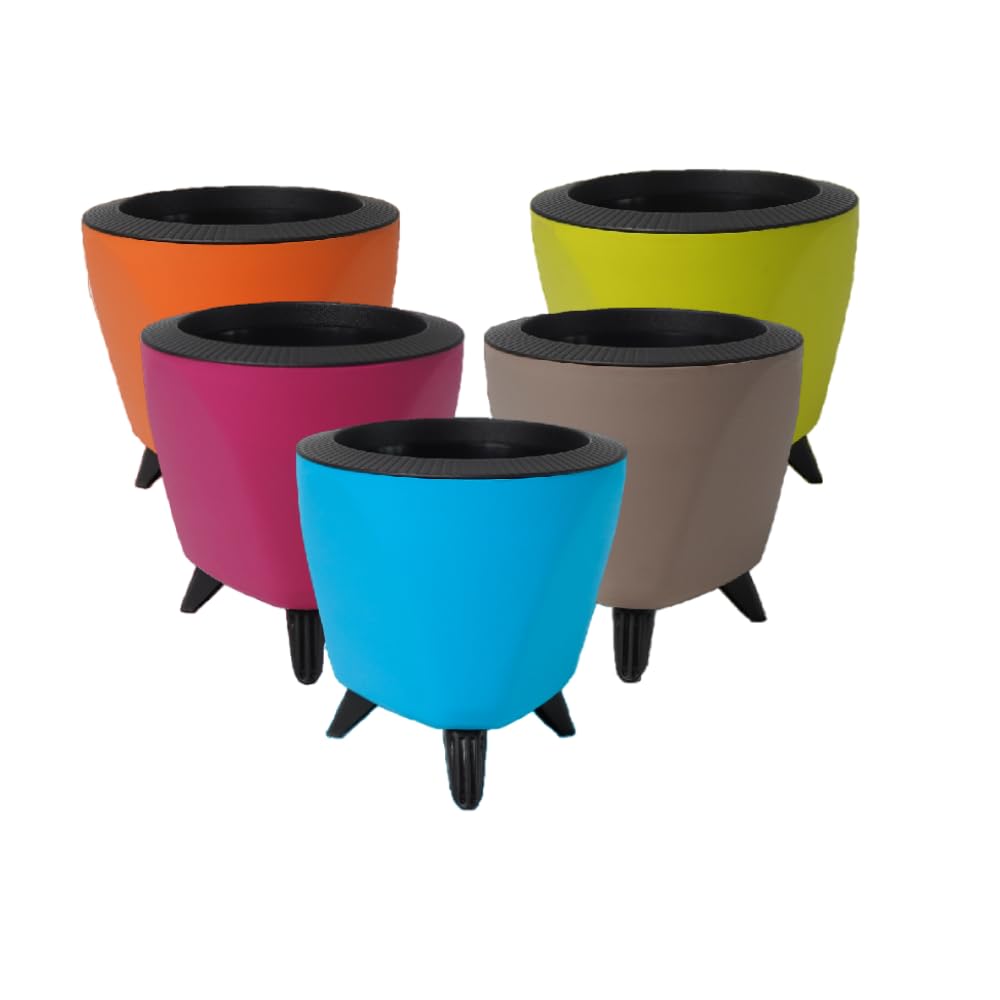 Harshdeep Self Watering Pot - Lagos - Indoor Home Office Tabletop Round Plastic UV Protected Small Flower Pot 5 Inch Set of 5 (Multicolor)