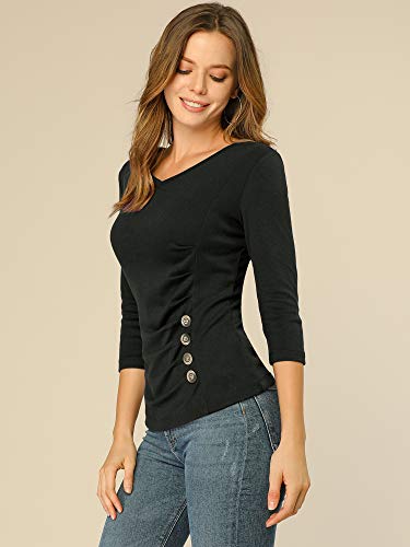 Allegra K Women's V Neck Blouse 3/4 Sleeves Solid Knitted Buttons Decor Ruched Top Large Black #TOP1