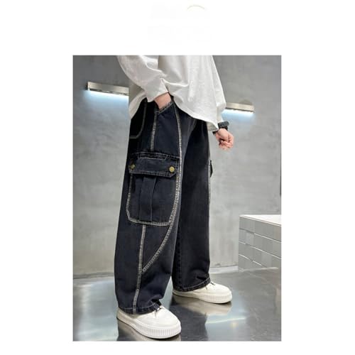 Kids Boys Baggy Cargo Jeans Wide Leg Elastic Waist Denim Pants Casual Irregular Sutures Pants with Multi-Pocket3