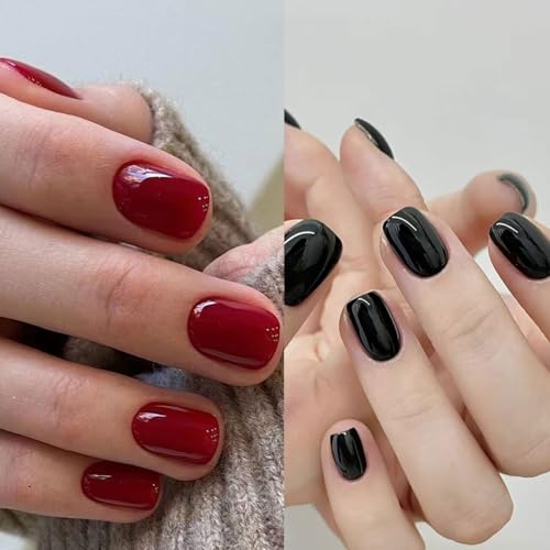 Auriselle Press on Nails Court 48 Pièces Françaises Faux Ongles Courts Arrondis Ongles Artificiels Rouge et Noir sur les Ongle Brillants Coller les Ongles, Parfait pour la Manucure à Domicile
