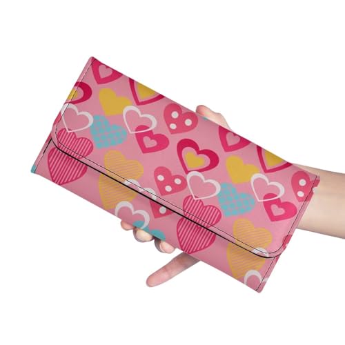 Image of AFPANQZ Leather Wallets for Women Clutch Card Slots Phone Holder Trifold Purses Card, Love Heart Pink Large Capacity Card Key Cash Storage Bags Zipper Handbag