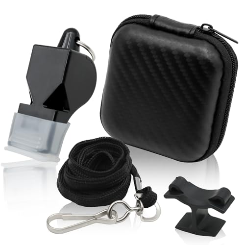 VEGCOO Apito de árbitro profissional, apito desportivo de plástico, aderentes com cordão e caixa de armazenamento, para futebol, basquetebol e desportos ao ar livre, treinadores e árbitros (1, preto)