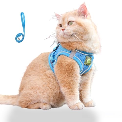 【猫 ハーネス 抜けない】XINIDEA 猫用ハーネス 逃げ防止 超軽量・通気性素材 着脱簡単 サイズ調節可 反射材使用 小型?大型猫対応 散歩・通院・災害時避難用(ブルー, S)