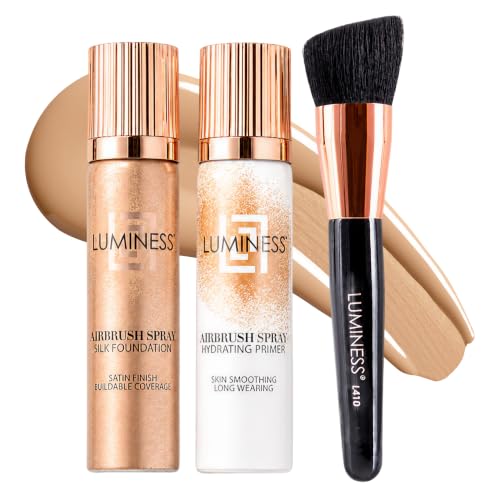 LUMINESS Airbrush Spray Silk Foundation Starter Kit - Light Medium - Foundation, Primer & Single-Sided Angled Buffing Brush - Medium, Buildable Coverage, Anti-Aging Formula Hydrates & Moisturizes