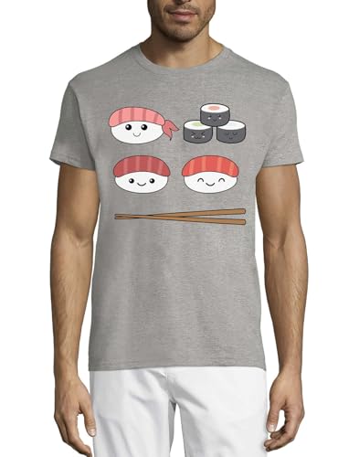 T-shirt homme gris imprimé sushi et baguettes col rond en coton doux
