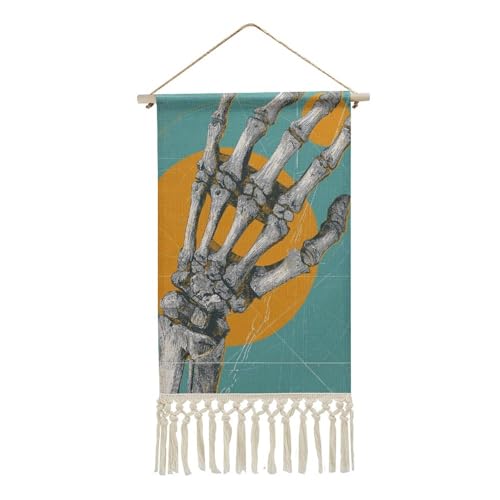 Jubonexis Arazzo da parete in lino, mano scheletro nera, poster vintage da parete con nappa e asta in legno