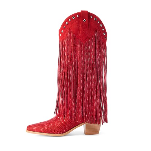 Best Looking Boots with Jeans for Every Style 12 AIJIVOU Women's Rhinestone Fringe Cowgirl Boots, Sparkly Western Cowboy Boots Pointed Toe Knee Block Chunky Middle Heel Pull On Mid Calf Boots for Women Girl Party