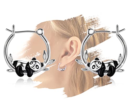 Panda Earrings for Girls - Sterling Silver Panda Hoop Earrings for Teens Hypoallergenic Cute Animal Earrings for Women for Sensitive Ears Huggie Hoop Earrings Gifts for New Years Birthday