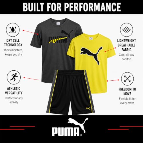 Image of PUMA Boys Active Shorts Set - 3 Piece Performance T-Shirt, Dry Fit Tank Top, and Gym Shorts - Activewear Set for Boys (4-16)