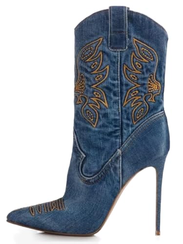 Denim Embroidery Western Boots for Women Pointed Toe Stiletto Heel Comfortable and Stylish Mid Calf Cowboy Riding Boots Party Casual Boots