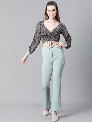 Image of oxolloxo Women Floral Print Semi-Sheer Round Neck Tie-Knotted Elasticated Long Crop Sleeve Top