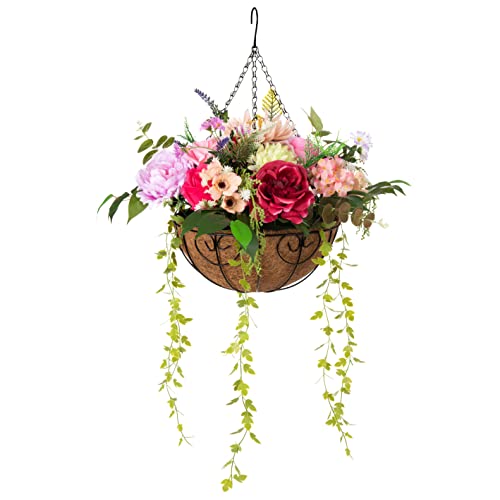 Ivydale Artificial Hanging Silk Flowers In Basket, Fully Assembled Mix Rose Peony Daisy Orchid Ivy Leaves Hanging Planter With Coconut Lining Basket For Home Decoration Outdoor Indoor Garden #TOP3