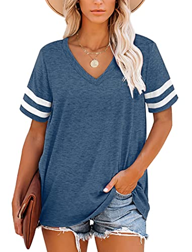 MOLERANI T-Shirts d'été pour Femmes à Manches rayées et col en V（Bleu foncé，XL）
