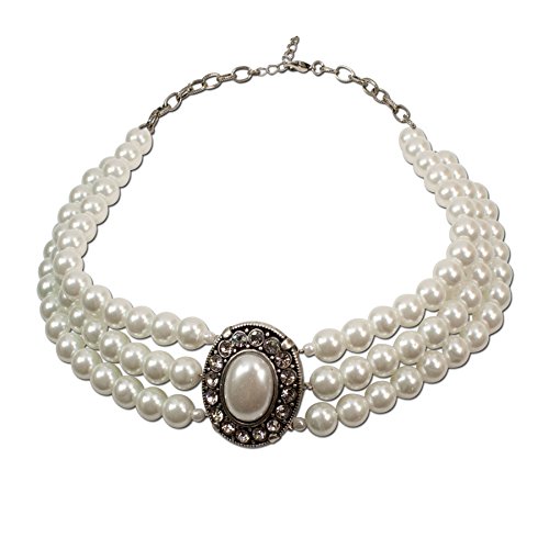 Heimatflüstern Trachtenkette Perlen 3-reihig - Damen Dirndlkette, Perlenkette mit Strass-Steinen für Trachtenbluse und Lederhose, Kropfkette fürs Oktoberfest Dirndl-Schmuck (creme-weiß)