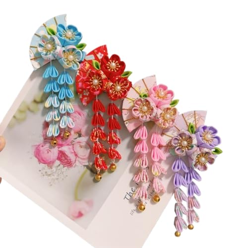 和風着物ドレス、細花かんざし、古風かんざし、髪飾り、頭飾り、花房扇子、髪飾り、サイドクリップ(4個)