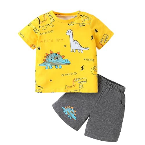 Image of Boys Outfits Yellow Dinosaur Print Short Sleeve T-Shirt and Dark Grey Shorts Set for 4-7 Years Old