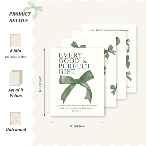 Image of LARTSFRO Coquette Green Bow Wall Art Decor Posters, Olive Green Bow Christian Room Bedroom Bathroom Dorm Wall Art Decor Aesthetic for College Teen Girls Gifts, Inspirational Bible Verses Bow Wall Decor, 10x8 Inch Set of 4 Pcs Bow Pictures (UNFRAMED)