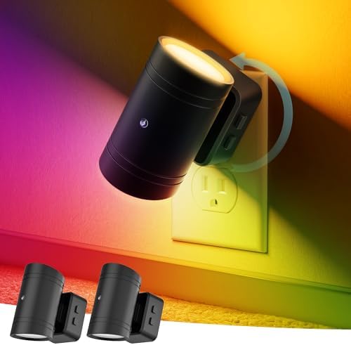 Briignite Night Lights Plug into Wall, 10-Color Changing RGB Night Light for Kids,180° Rotatable Plug in Nightlight with Dusk to Dawn Sensor for Bathroom Decor, Children Room, Gift-2 Pack