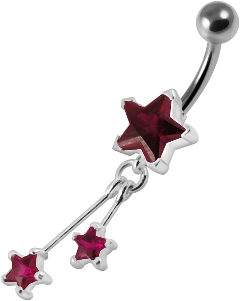 Triple Star on Dangling Wire Design 925 Sterling Silver with Stainless Steel Belly Ring - Belly Button jewelry - Navel jewelry