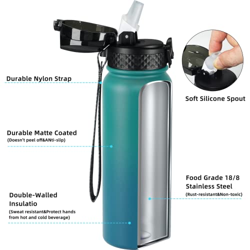 Fanhaw Insulated Water Bottle With Straw - 20 Oz Stainless Steel Double-Wall Vacuum Leak & Sweat Proof Dishwasher Safe Standard Mouth Sports Water Bottle With Anti-Dust Flip Lid (Green Blue) #TOP3