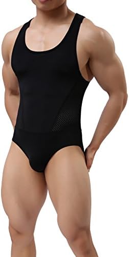 TESOON Men's Black Leotard Underwear Jumpsuits Vest Bodysuit, Black, Medium