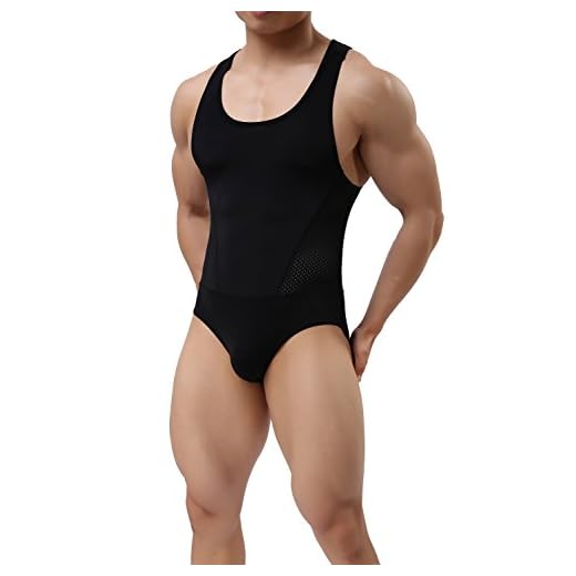 TESOON Men's Stretch Jockstrap Singlet Leotard Bodysuit Bodywear Underwear Black, X-Large