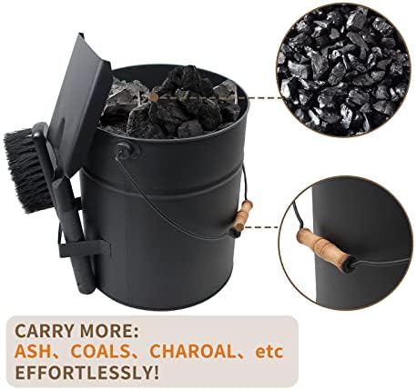 BRIAN & DANY Ash Buckets for fireplaces with Lid, 15L Pail with Shovel and Hand Broom, Tool Set Accessories for Fireplace, Fire Pit