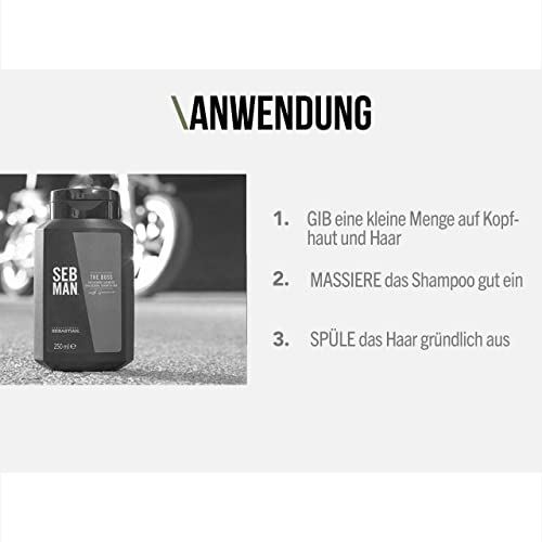SEB MAN THE BOSS – verdichtendes Volumenshampoo für mehr Fülle – kräftigendes Shampoo mit Guarana-Extrakt und anregendem Duft von Bergamotte und rosa Pfeffer – 250 ml